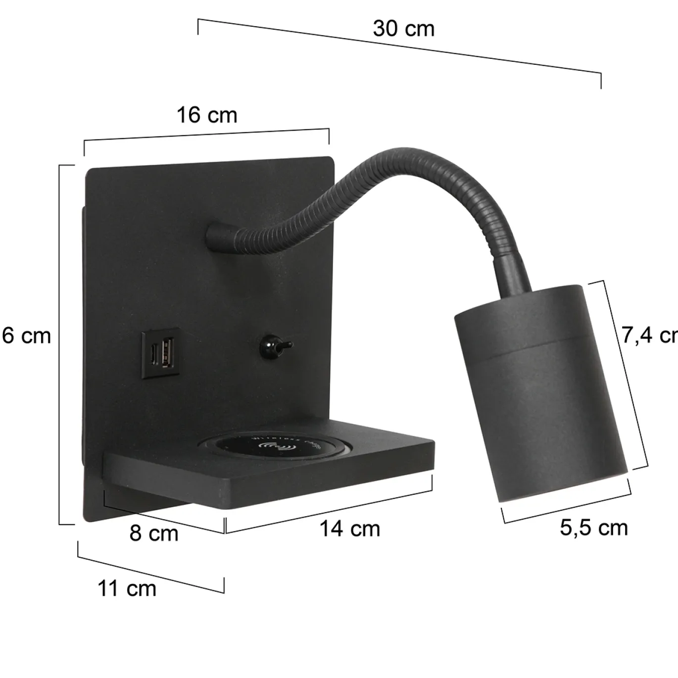 Mexlite Wandlamp Upround Zwart met Draadloze Telefoonlader