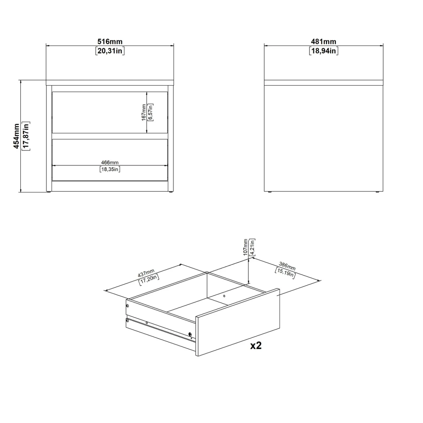 Nachtkastje Next 2 lades Hickory/Wit Hoogglans - Giga Living