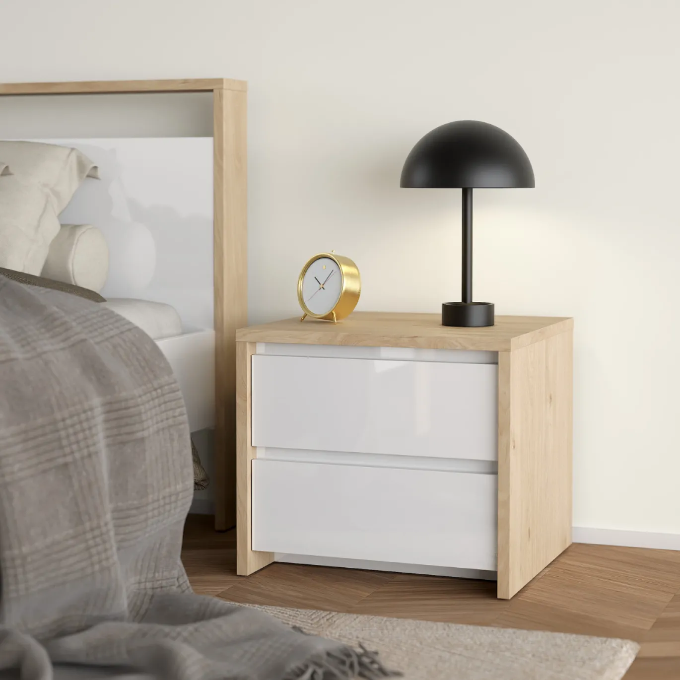Nachtkastje Next 2 lades Hickory/Wit Hoogglans - Giga Living