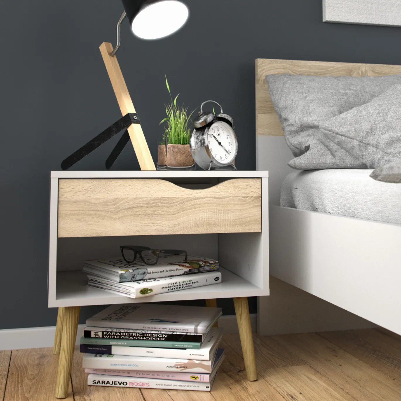 Nachtkastje Oslo 1 lade Wit/Eikenlook - Giga Living