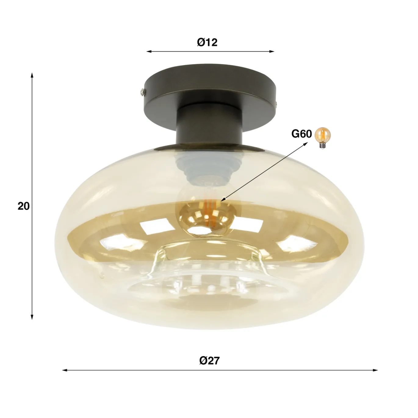 Plafondlamp Soll 1-lichts Amber Glas - Giga Meubel
