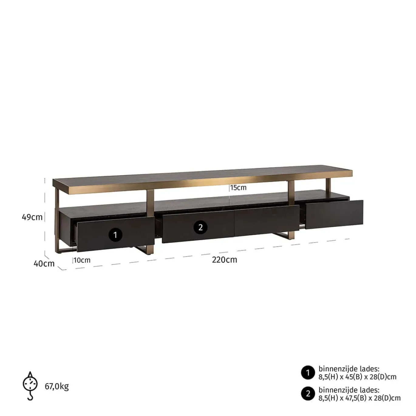 Richmond Tv-meubel Diddley Zwart/Goud 220cm