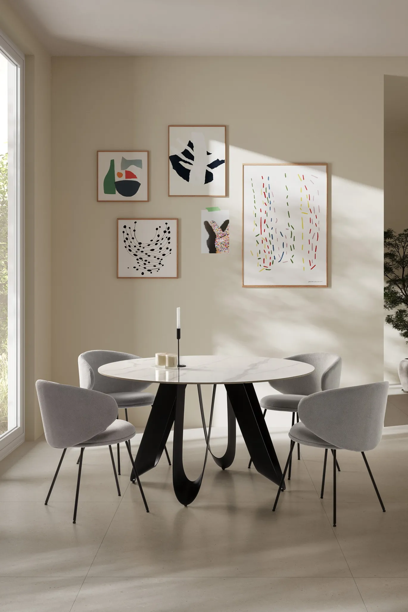Ronde Tafel Aila 135cm Wit Keramiek Zwart - Giga Meubel