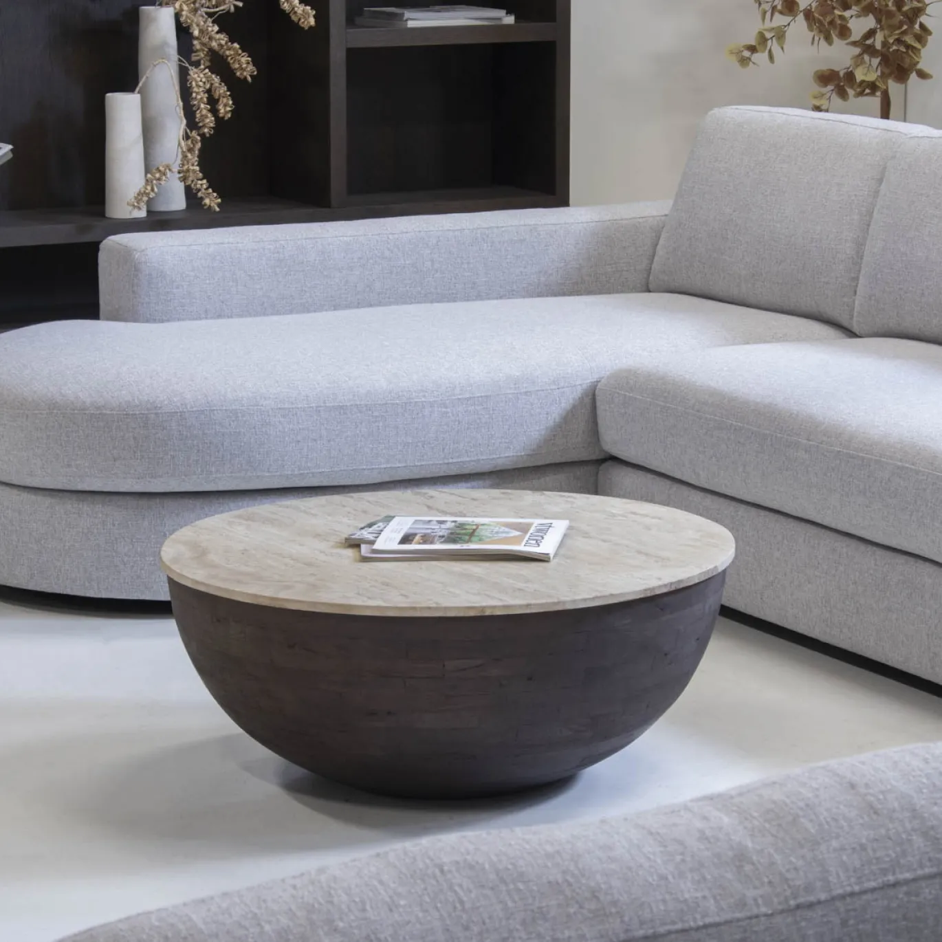 Salontafel Aiden Travertin Donkerbruin Rond - Giga Meubel