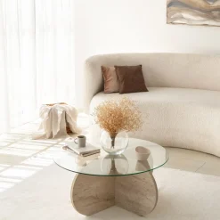 Salontafel Bubble Glas/Travertinlook Ø75cm