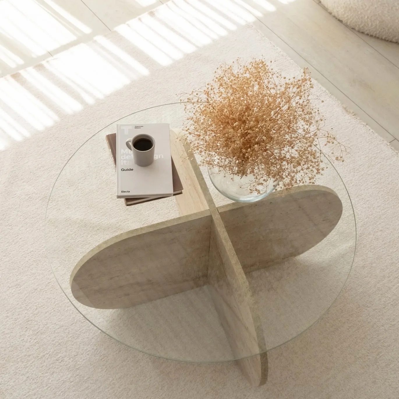 Salontafel Bubble Glas/Travertinlook Ø75cm