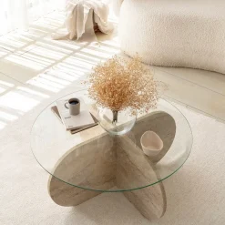Salontafel Bubble Glas/Travertinlook Ø75cm