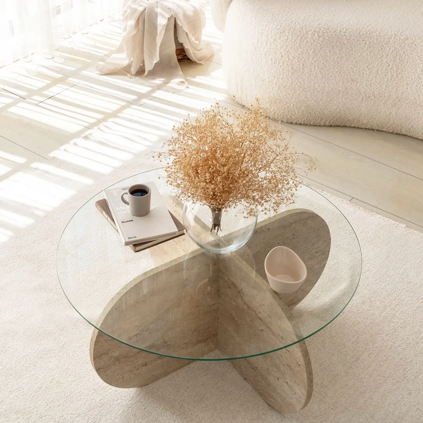 Salontafel Bubble Glas/Travertinlook Ø75cm