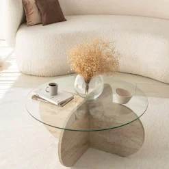 Salontafel Bubble Glas/Travertinlook Ø75cm