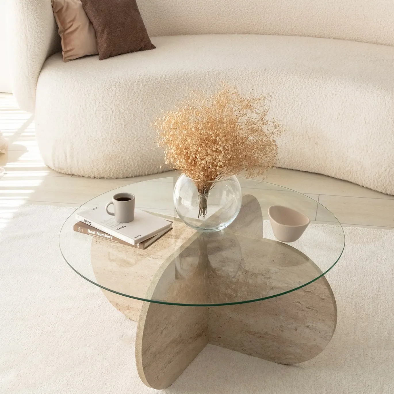 Salontafel Bubble Glas/Travertinlook Ø75cm