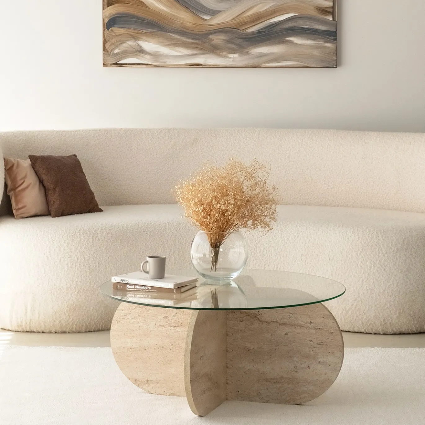 Salontafel Bubble Glas/Travertinlook Ø75cm