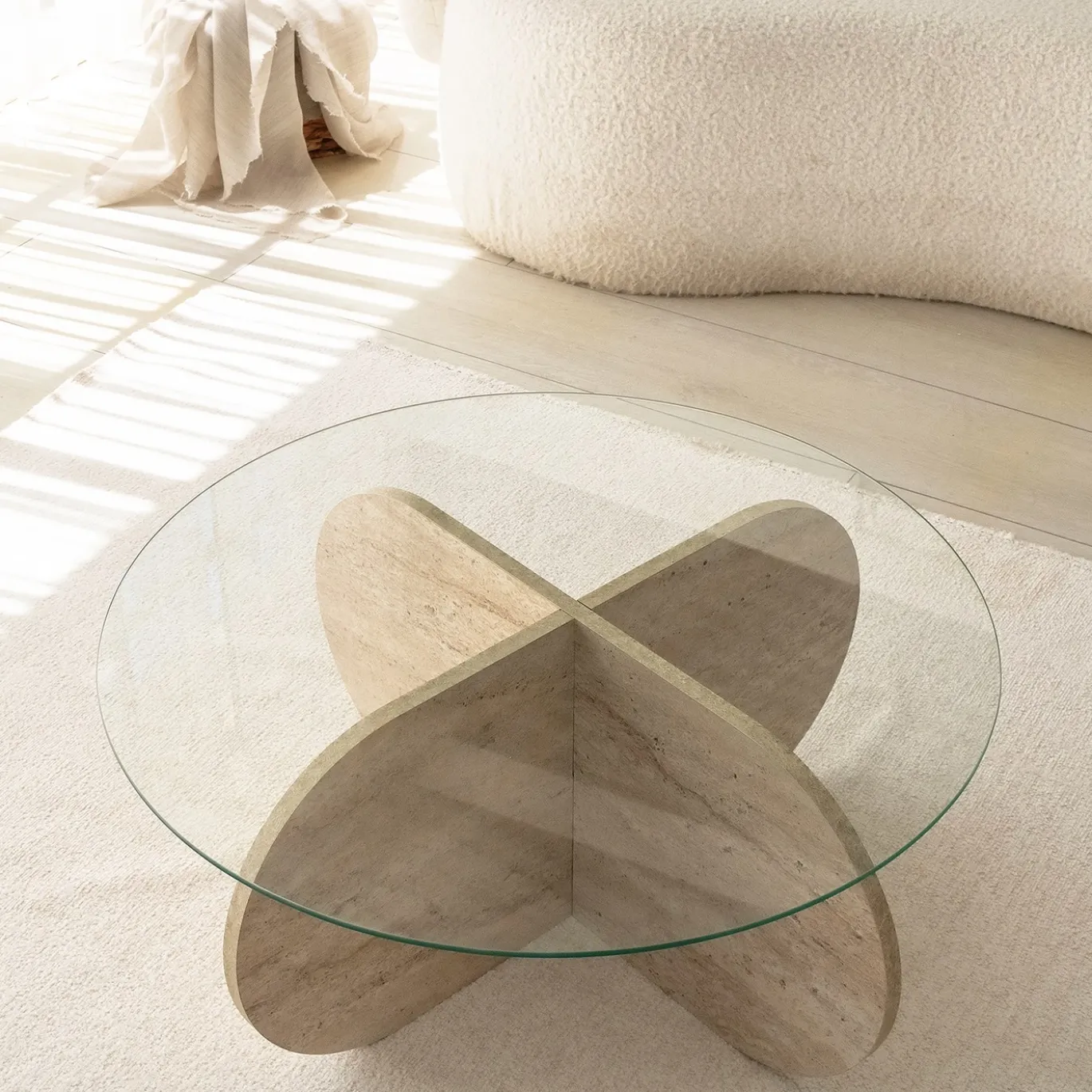 Salontafel Bubble Glas/Travertinlook Ø75cm