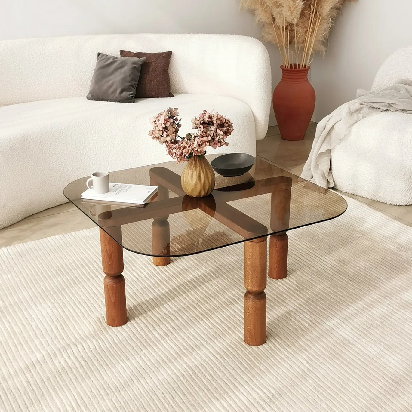 Salontafel Kei Brons Glas/Walnoot 80cm