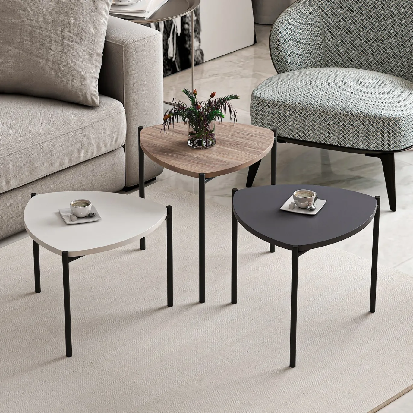 Salontafel Lenny Wit/Antraciet/Walnoot Set van 3