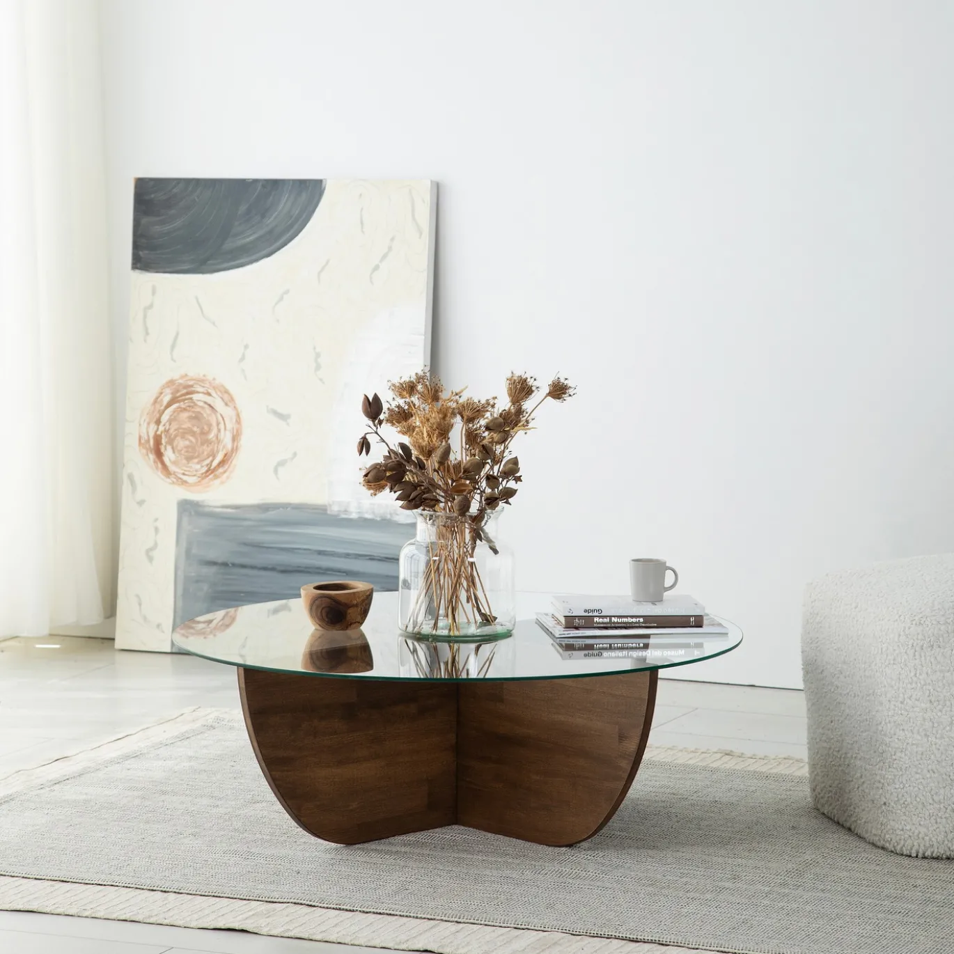 Salontafel Lily Glas Dennenhout Walnoot Ø90cm