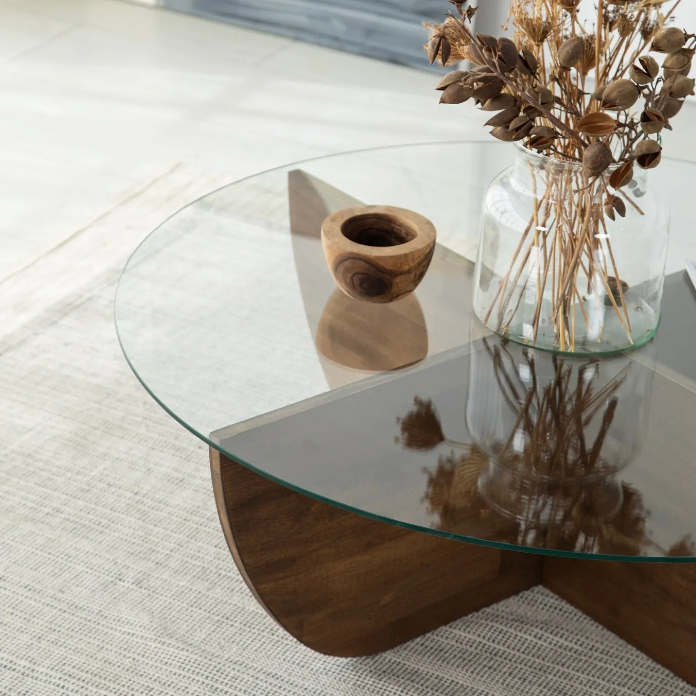 Salontafel Lily Glas Dennenhout Walnoot Ø90cm