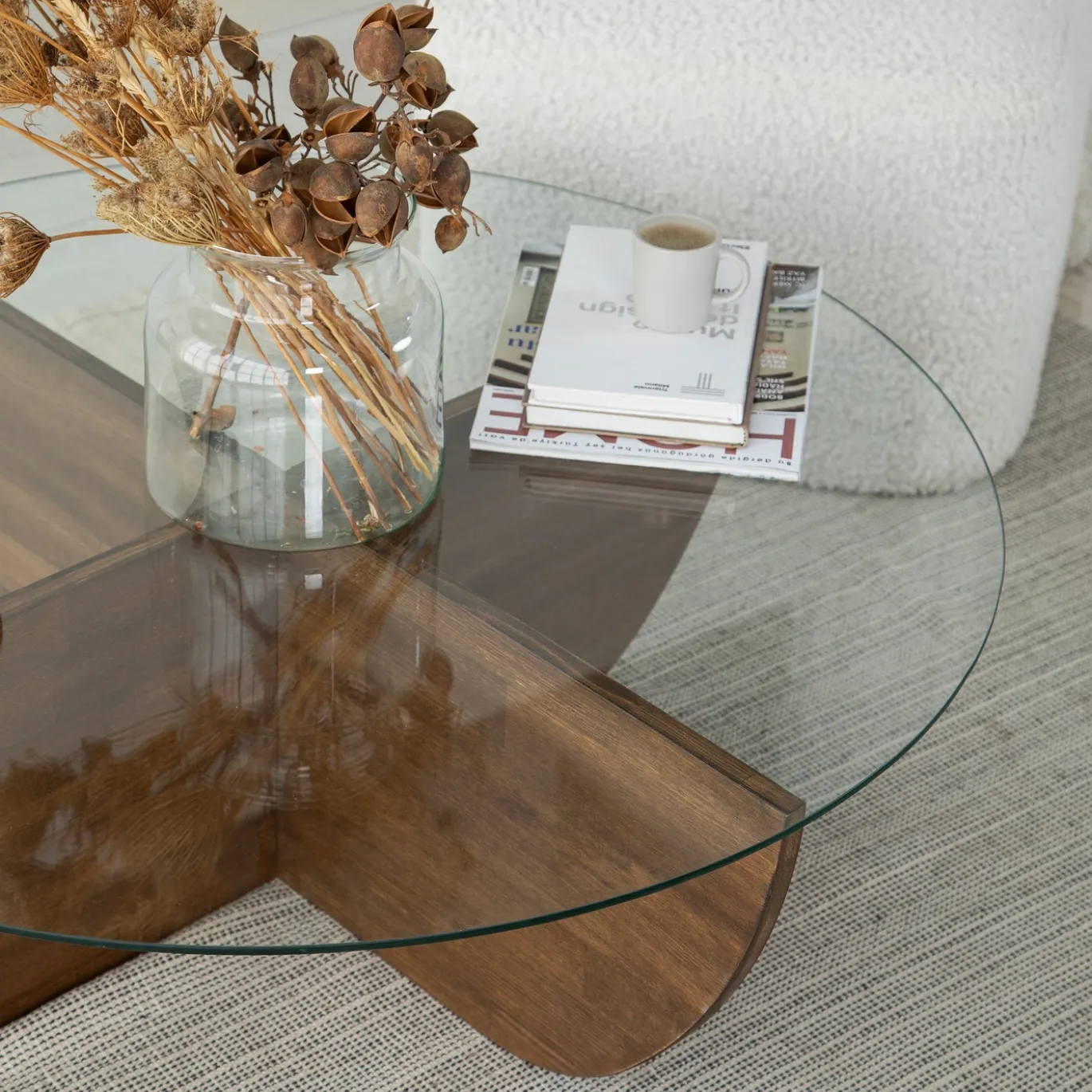 Salontafel Lily Glas Dennenhout Walnoot Ø90cm