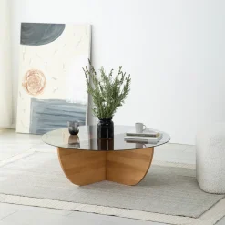 Salontafel Lily Glas Dennenhout Naturel Ø90cm