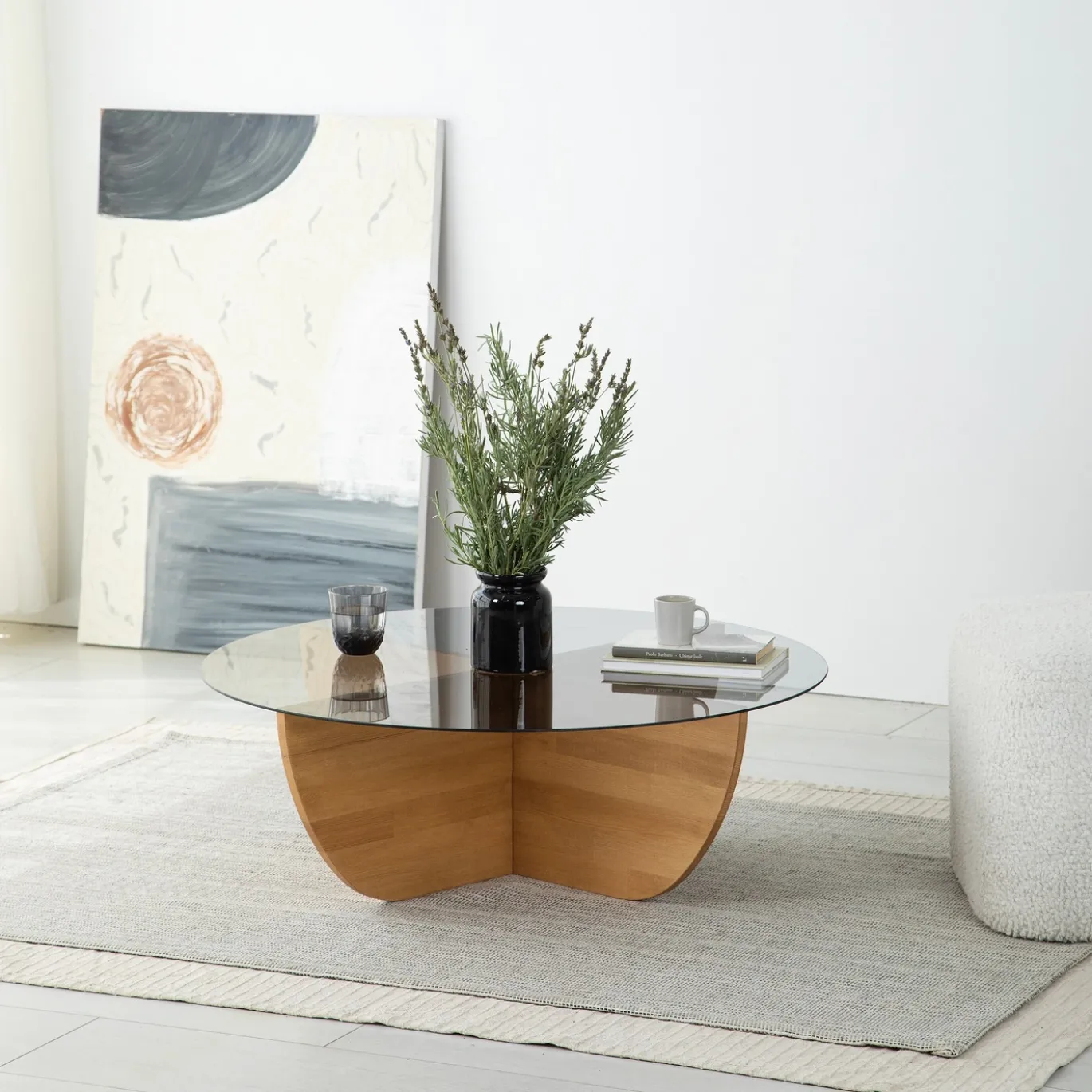 Salontafel Lily Glas Dennenhout Naturel Ø90cm