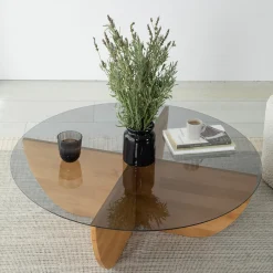 Salontafel Lily Glas Dennenhout Naturel Ø90cm