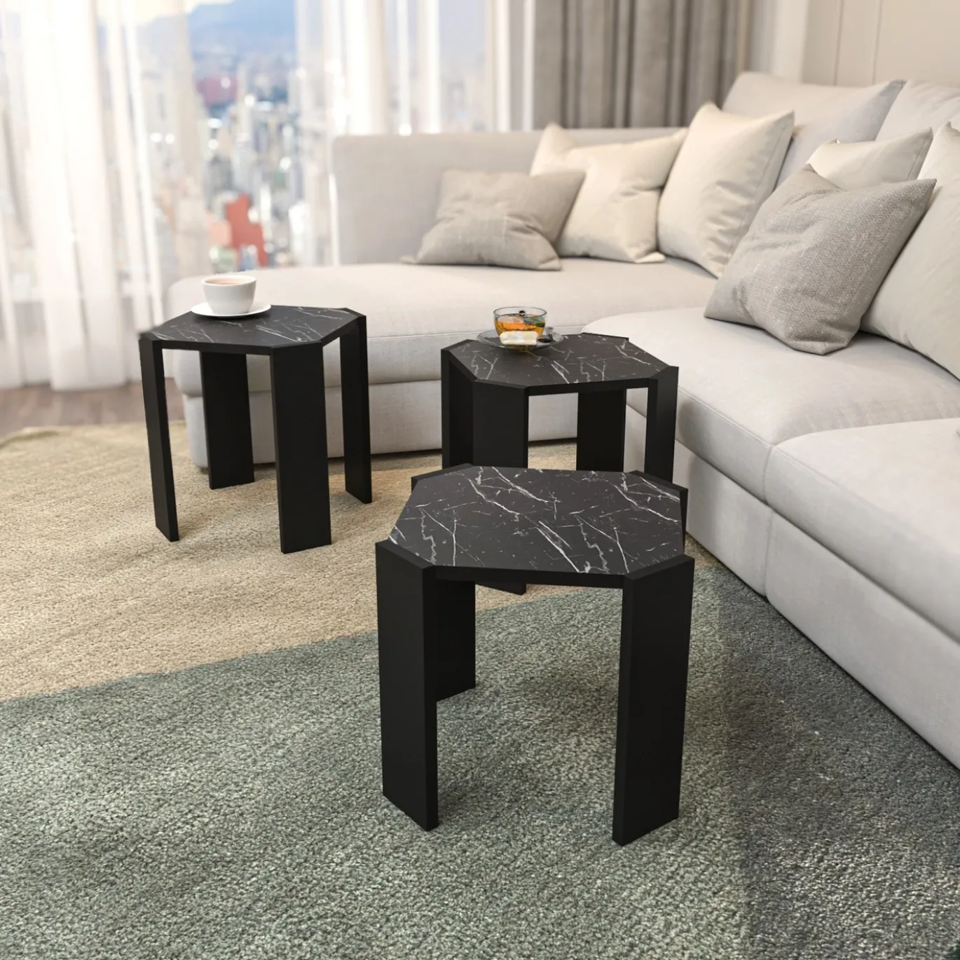 Salontafel Lori Zwart Marmerlook Set van 3