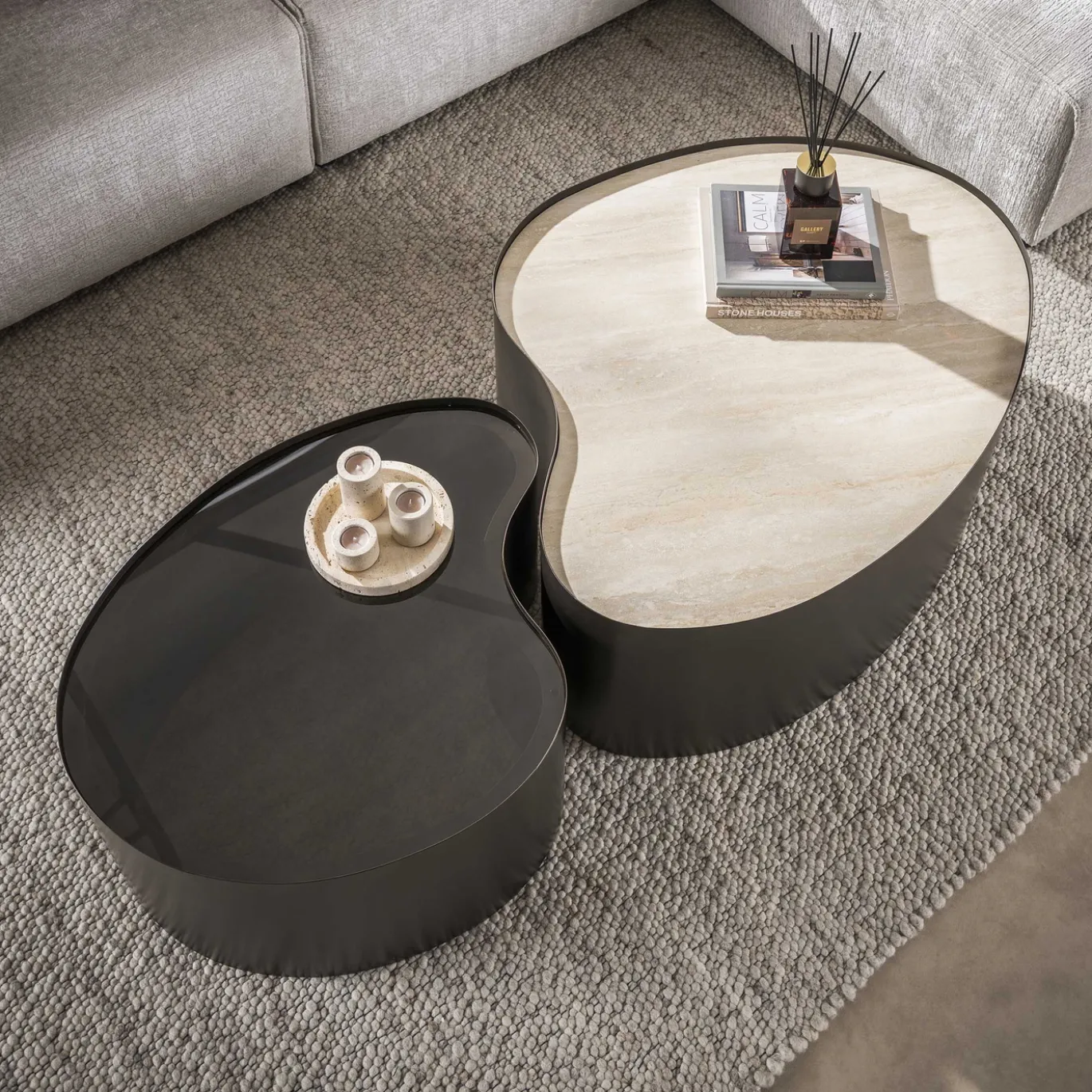 Salontafel Metal Organisch Set Van 2 3d Keramiek Travertin - Giga Meubel
