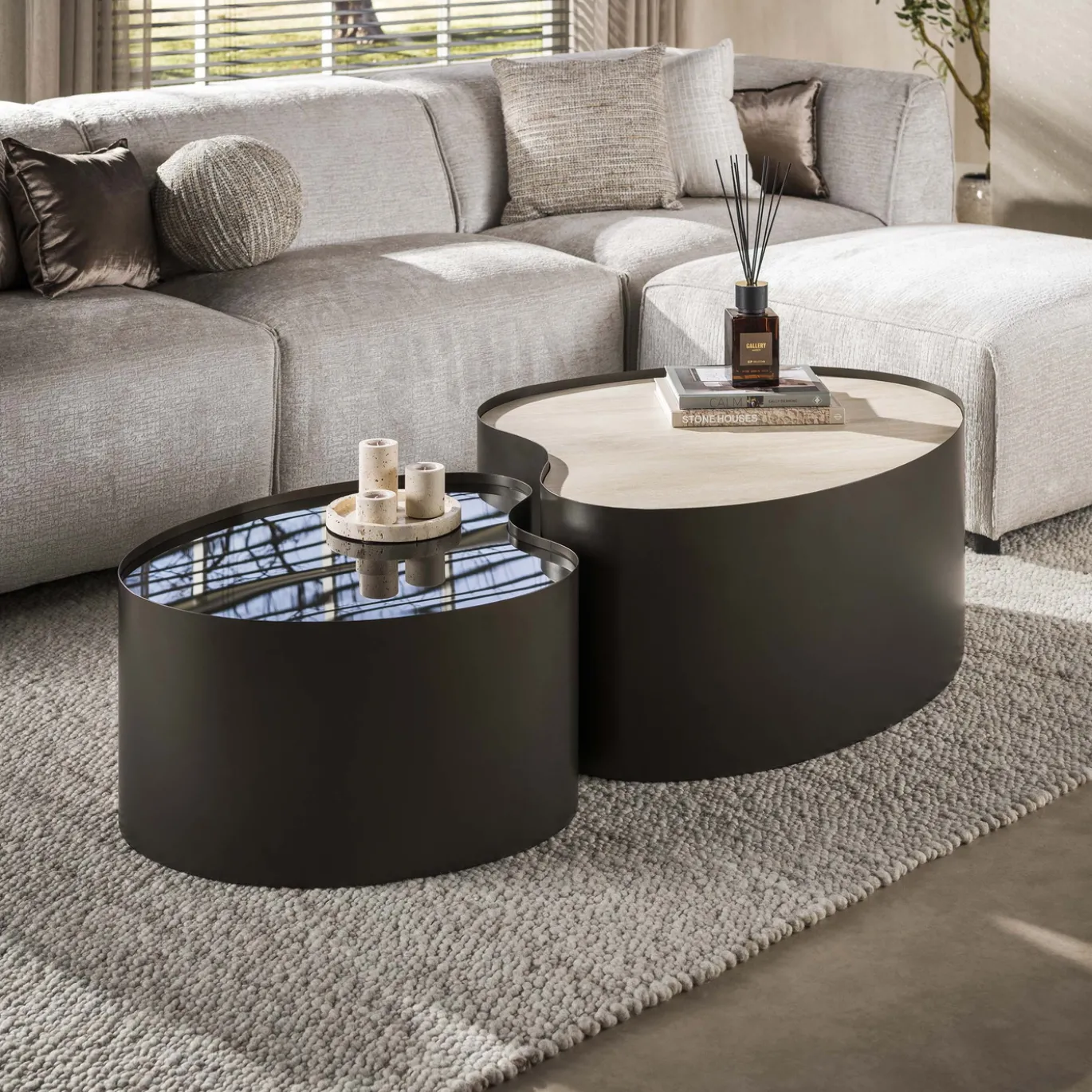 Salontafel Metal Organisch Set Van 2 3d Keramiek Travertin - Giga Meubel