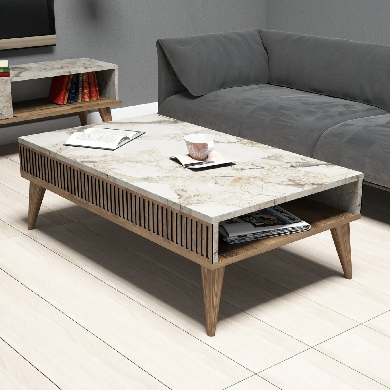 Salontafel Milan Wit Marmerlook/Walnoot 105cm