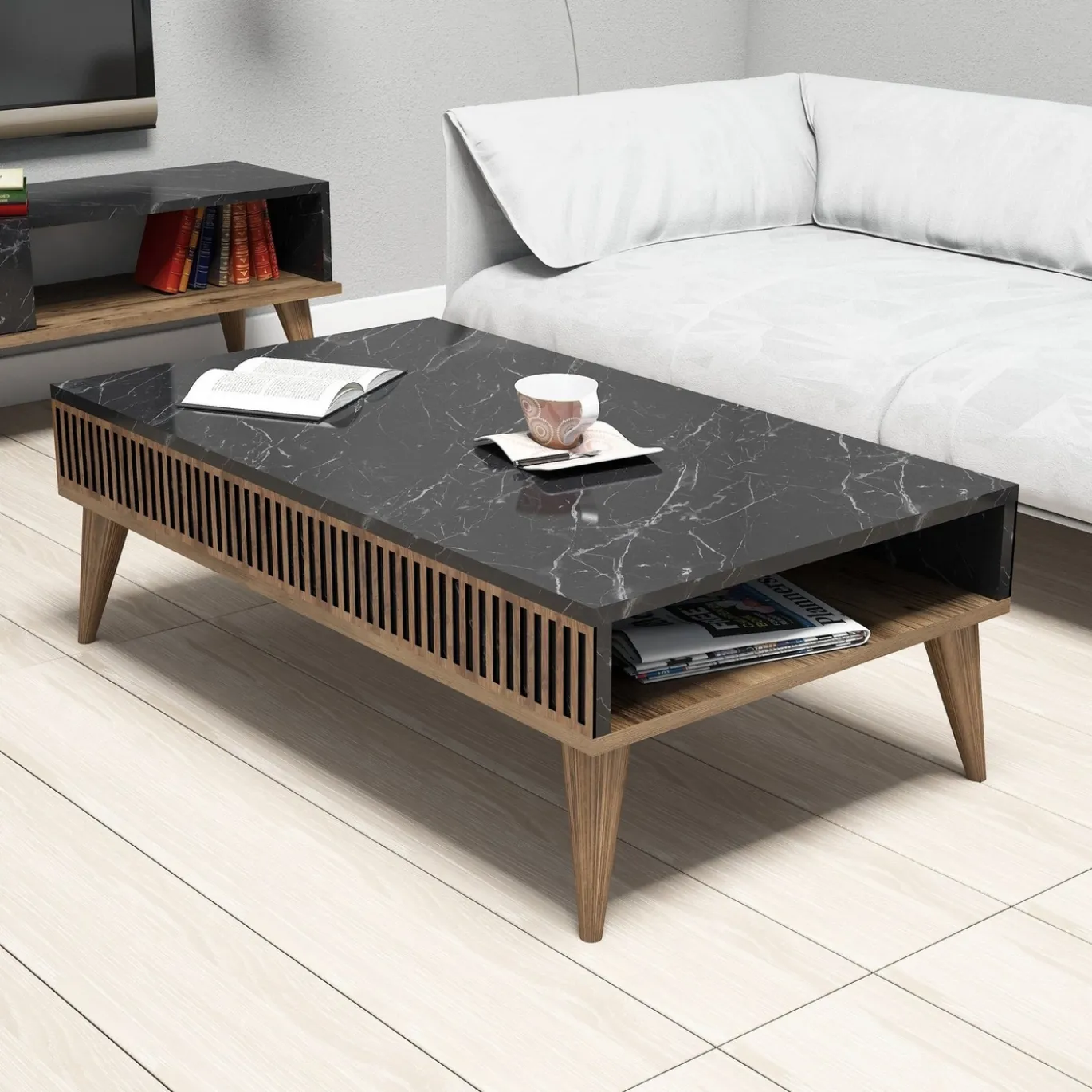 Salontafel Milan Zwart Marmerlook/Walnoot 105cm