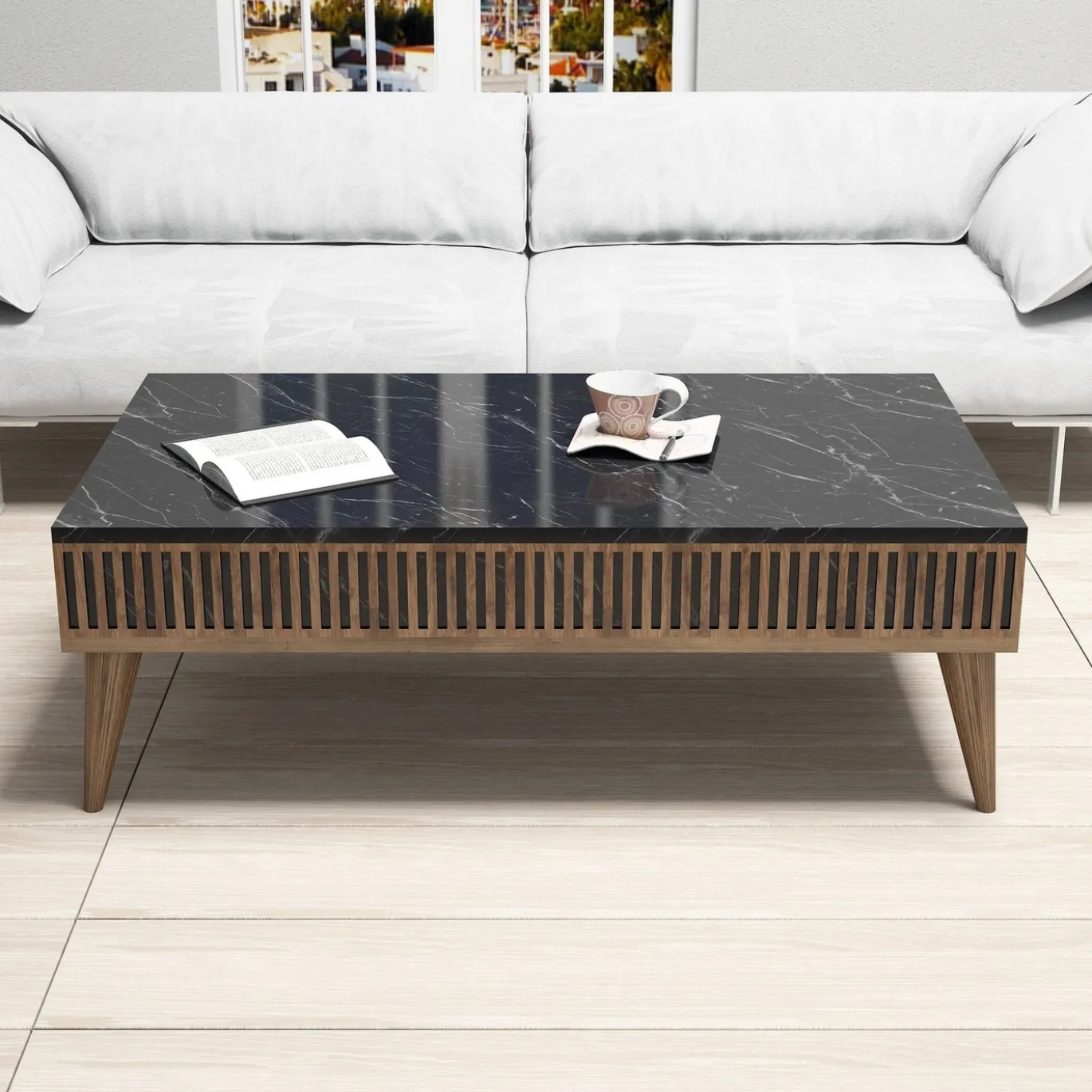 Salontafel Milan Zwart Marmerlook/Walnoot 105cm