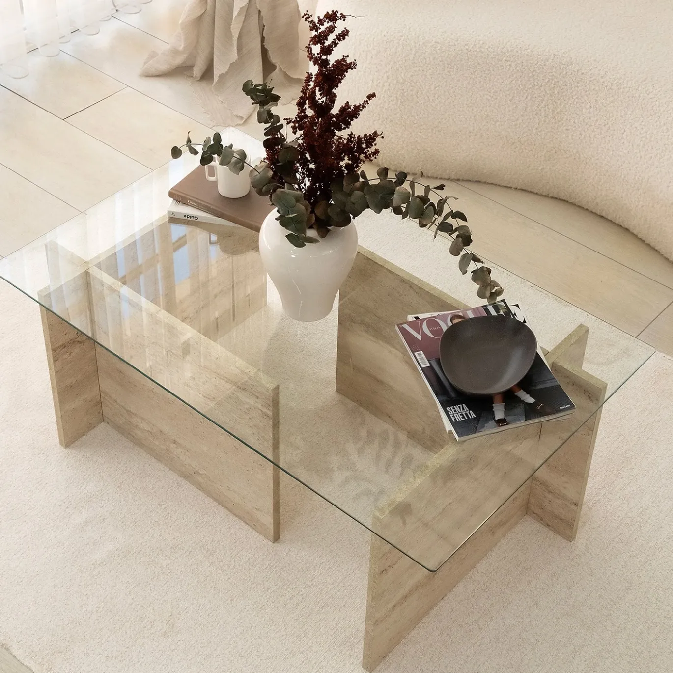 Salontafel New Escape Glas/Travertinlook 105cm