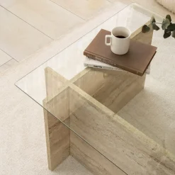 Salontafel New Escape Glas/Travertinlook 105cm