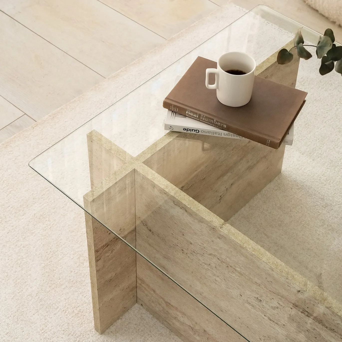 Salontafel New Escape Glas/Travertinlook 105cm