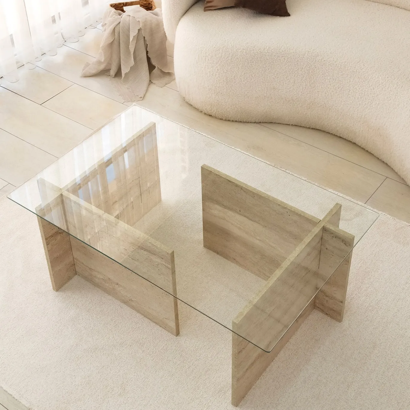 Salontafel New Escape Glas/Travertinlook 105cm
