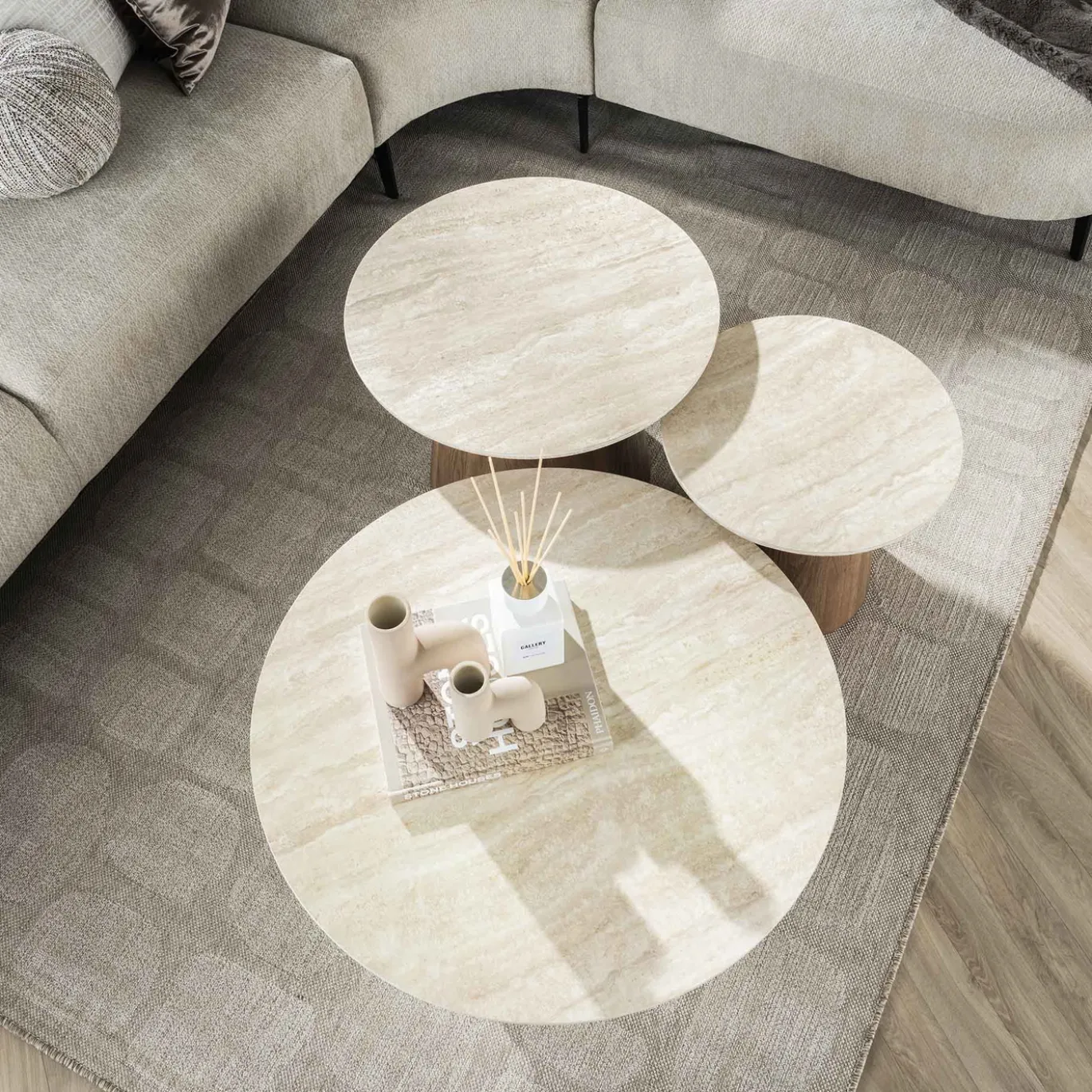Salontafel Romano Rond Taps Travertinlook Set van 3 - Giga Meubel