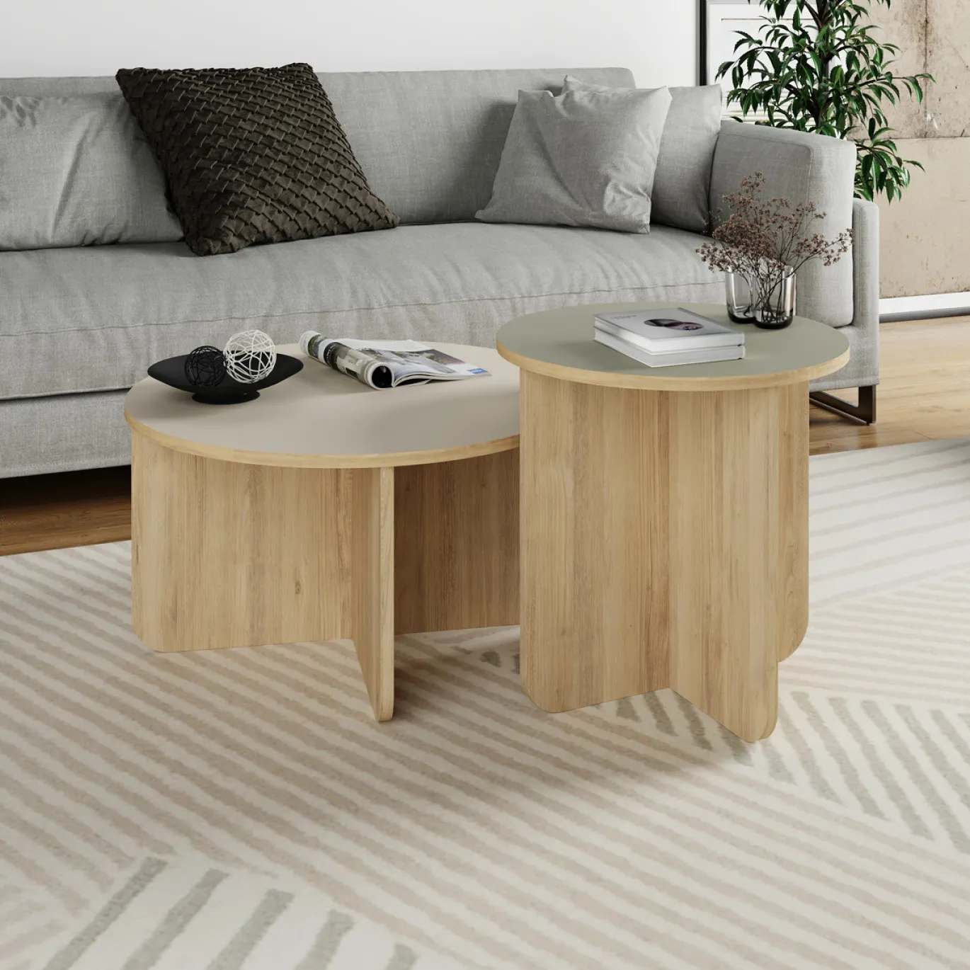 Salontafel Set Hillary Crème-eiken/groen-eiken - Giga Meubel