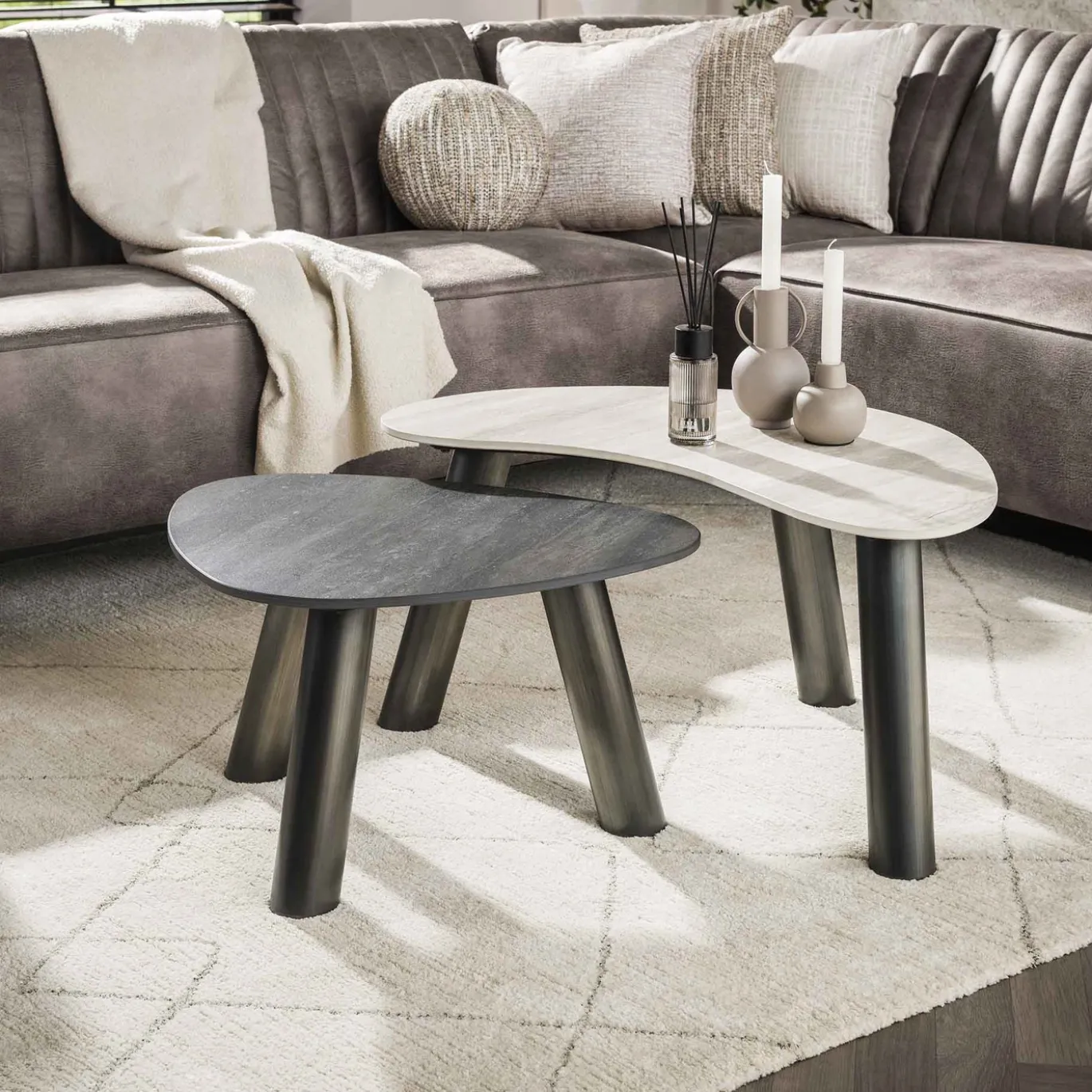 Salontafel Twin Organisch Set van 2 3d Keramiek Travertin Zwart/grijs - Giga Meubel