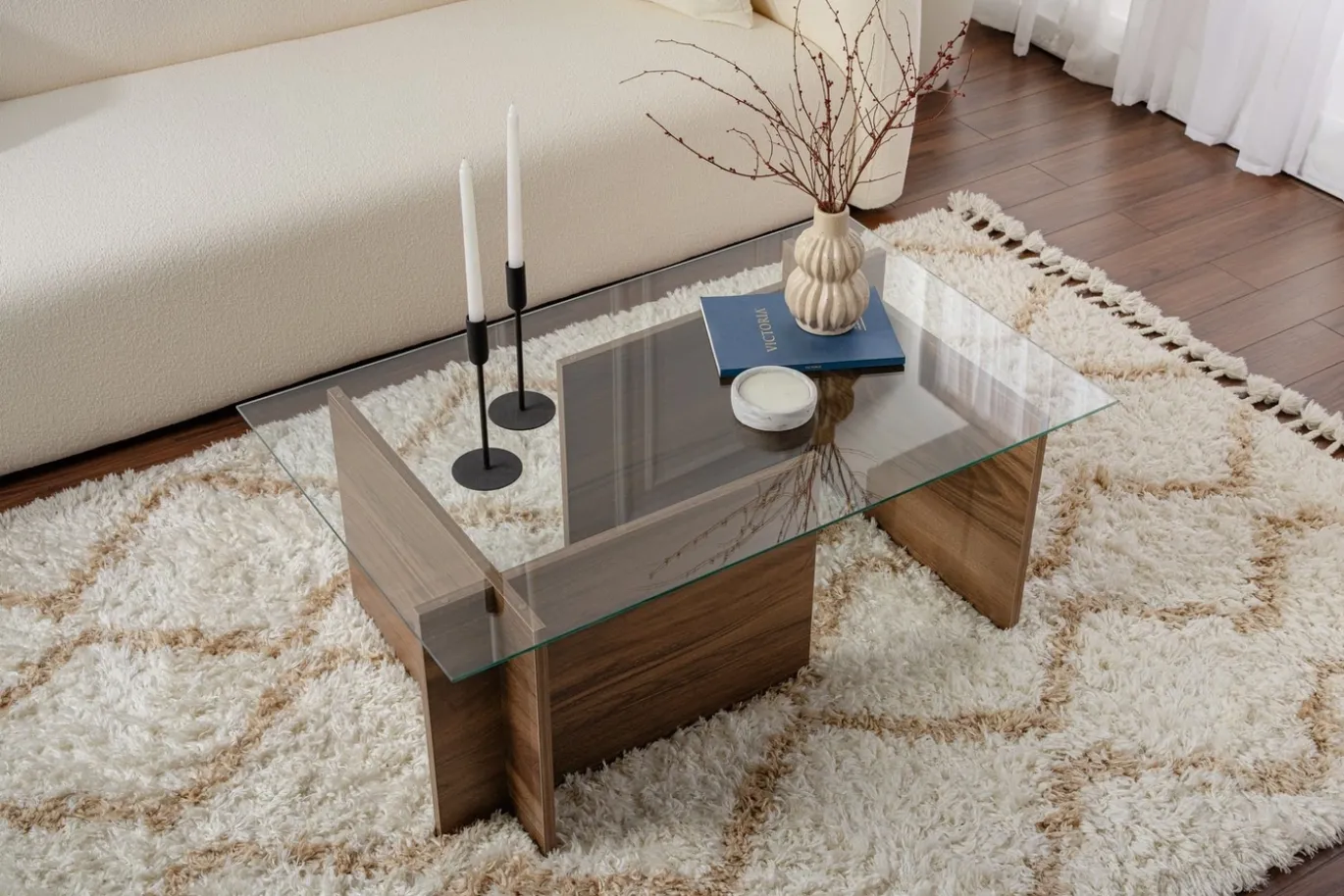 Salontafel Vetrino Glas/Walnoot 105cm