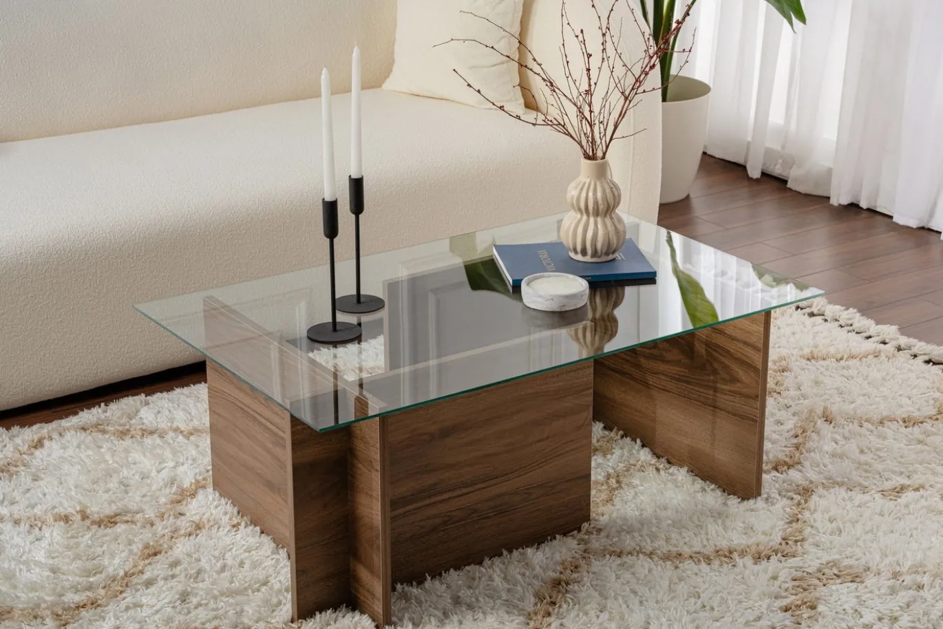 Salontafel Vetrino Glas/Walnoot 105cm