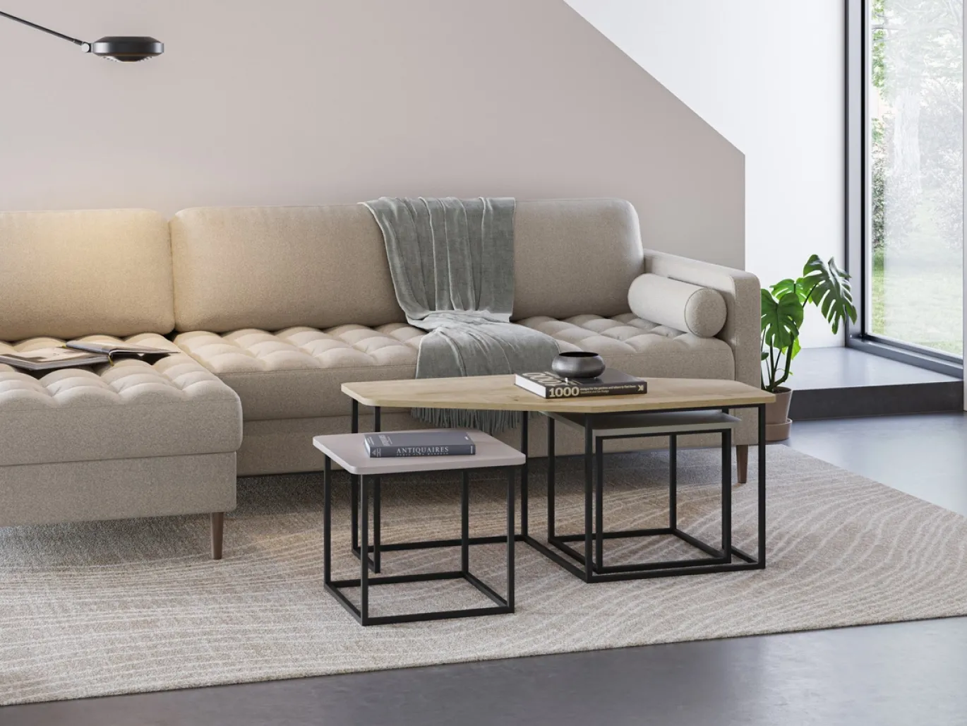 Salontafel Zoya Set van 3 Eiken Crème/groen - Giga Meubel