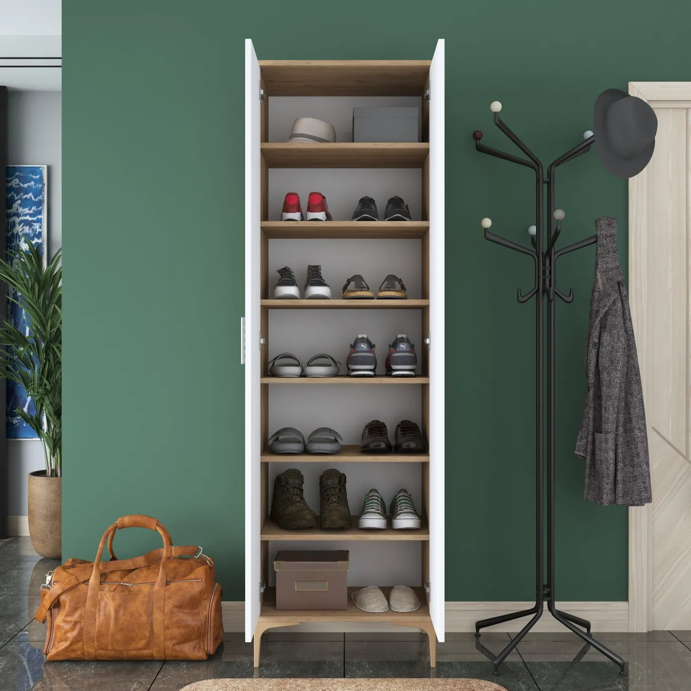 Schoenenkast Ergani Wit/Walnoot