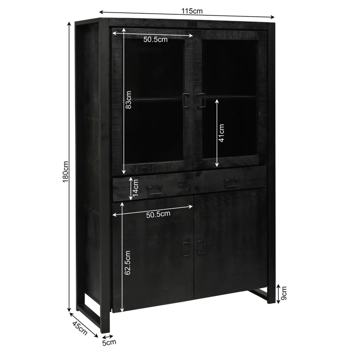 StarFurn Vitrinekast Boaz Zwart Mangohout 115cm