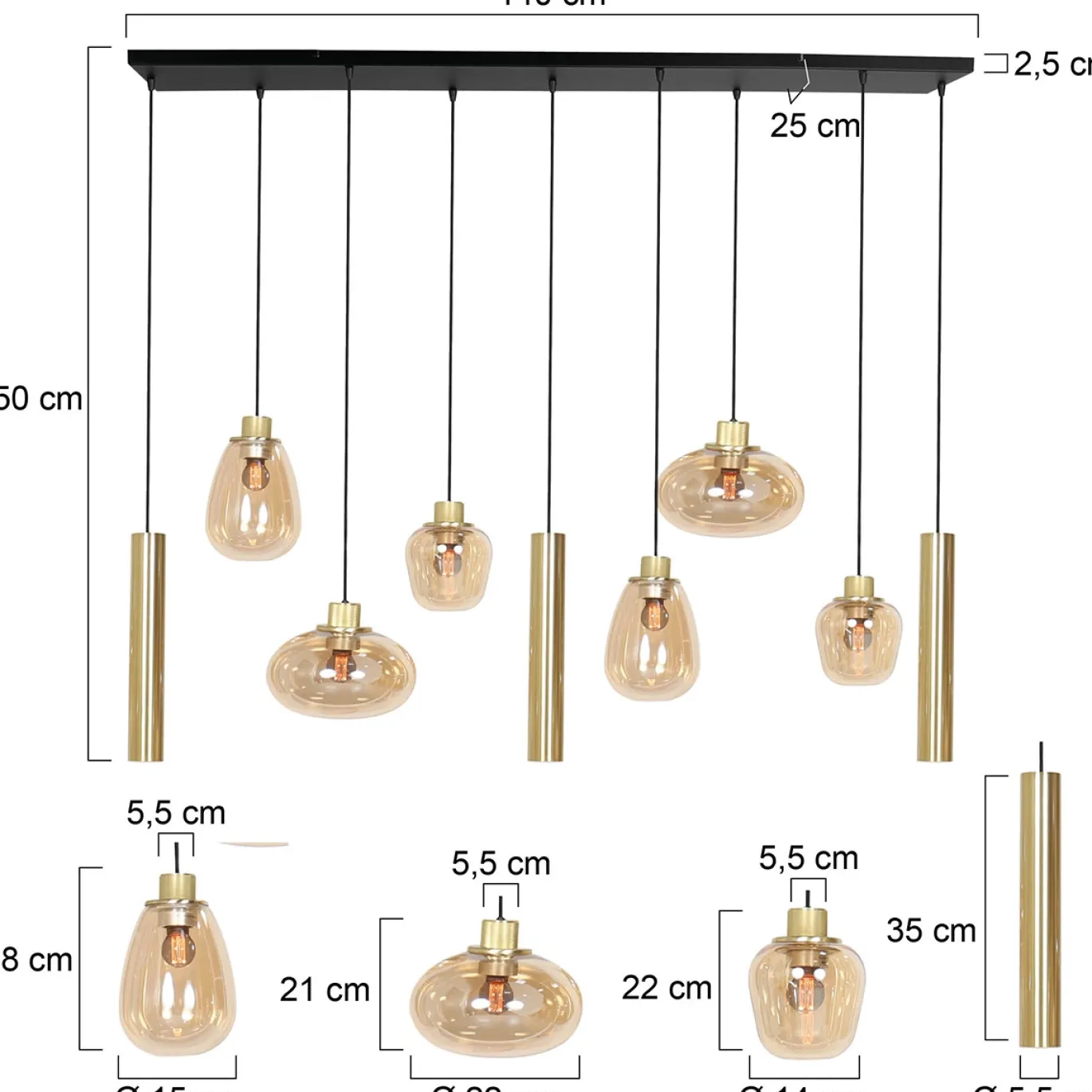 Steinhauer Hanglamp Reflexion met Lichtkokers 9-Lichts Messing