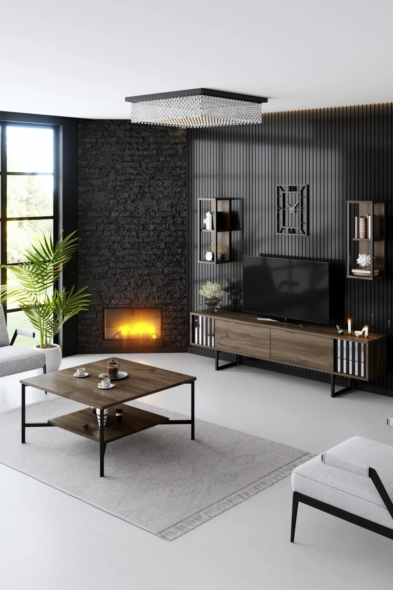 Tv-meubel Chrome Line Walnoot met Wandschappen