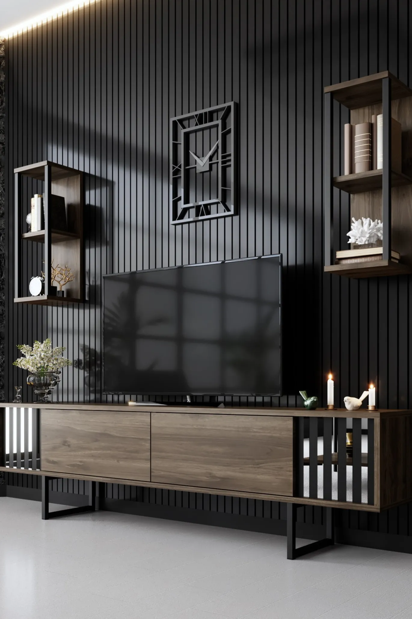 Tv-meubel Chrome Line Walnoot met Wandschappen
