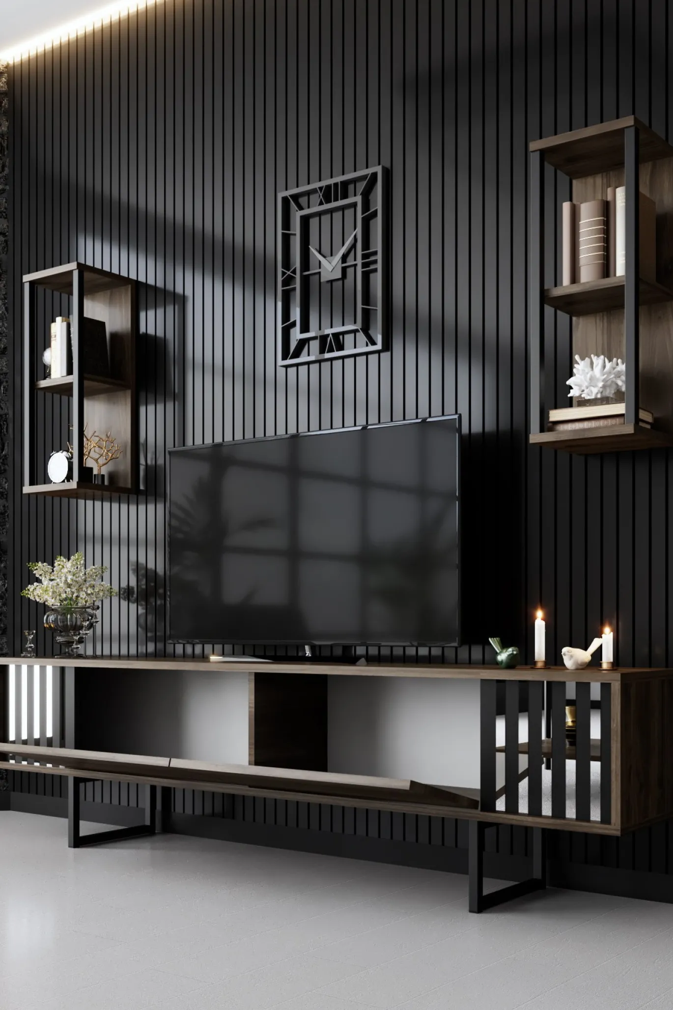 Tv-meubel Chrome Line Walnoot met Wandschappen