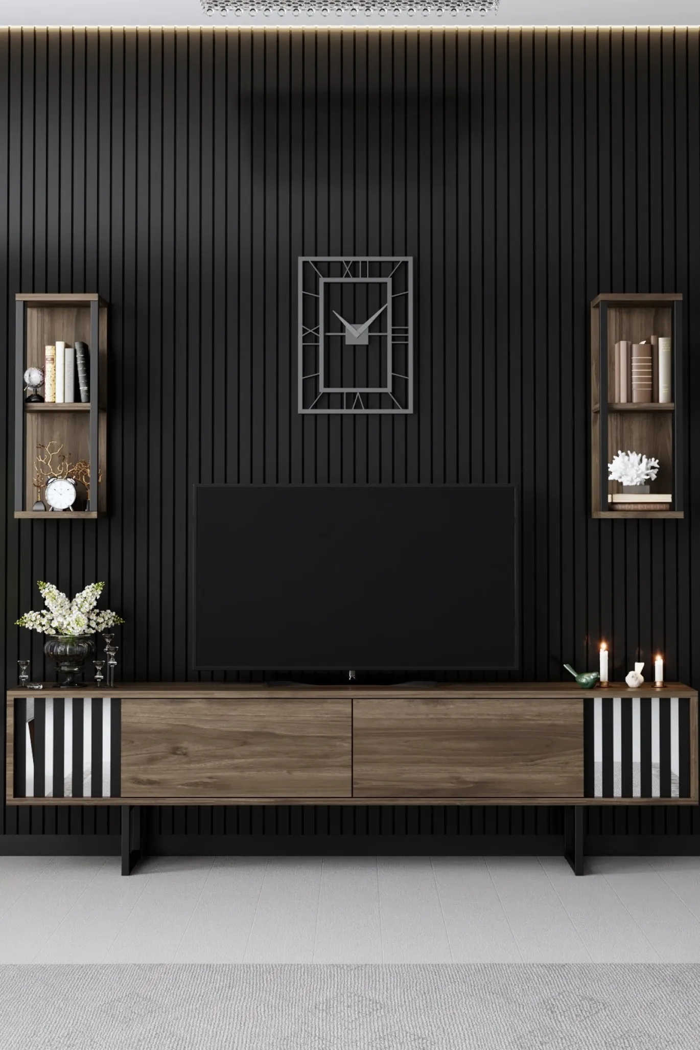 Tv-meubel Chrome Line Walnoot met Wandschappen