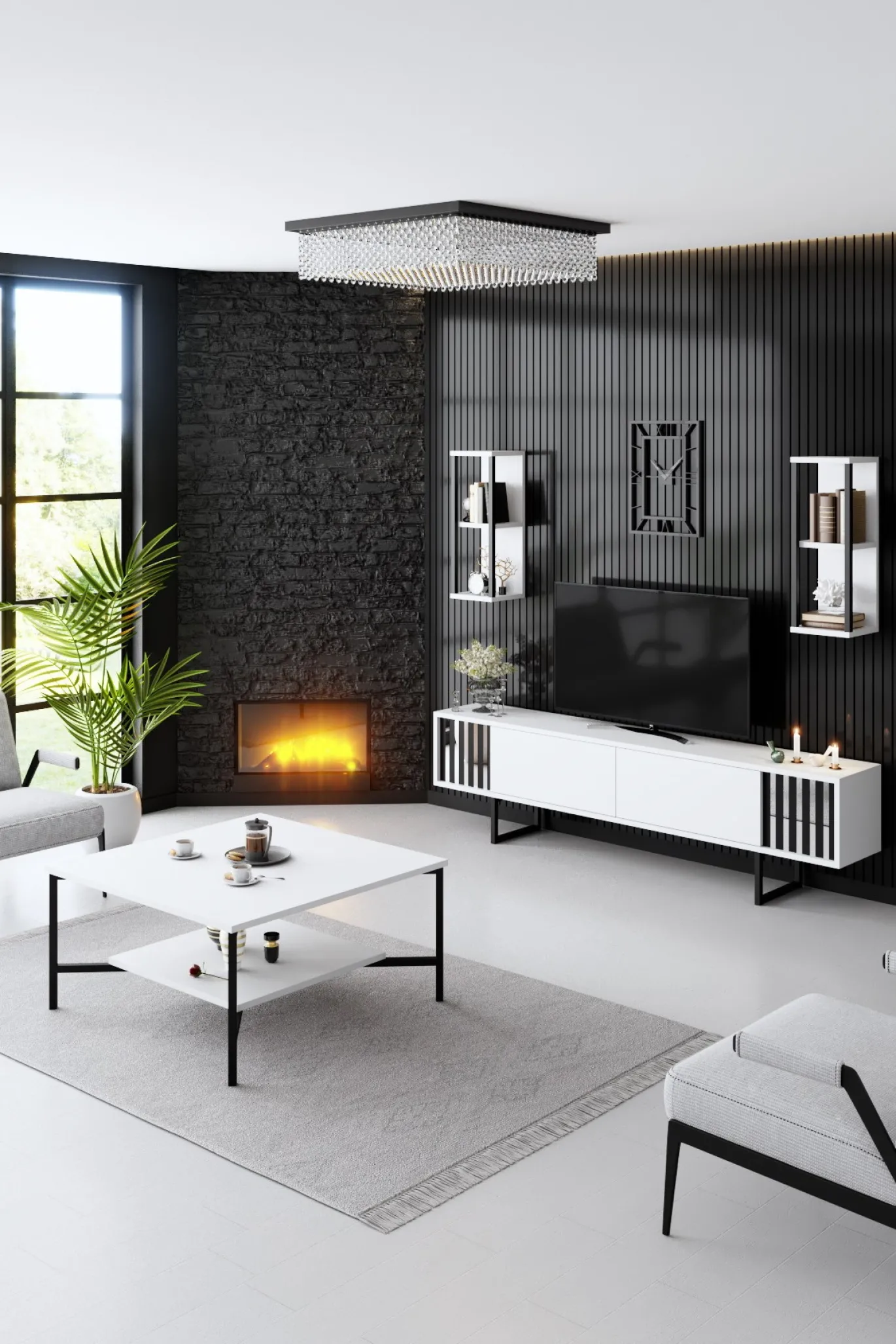 Tv-meubel Chrome Line Wit met Wandschappen