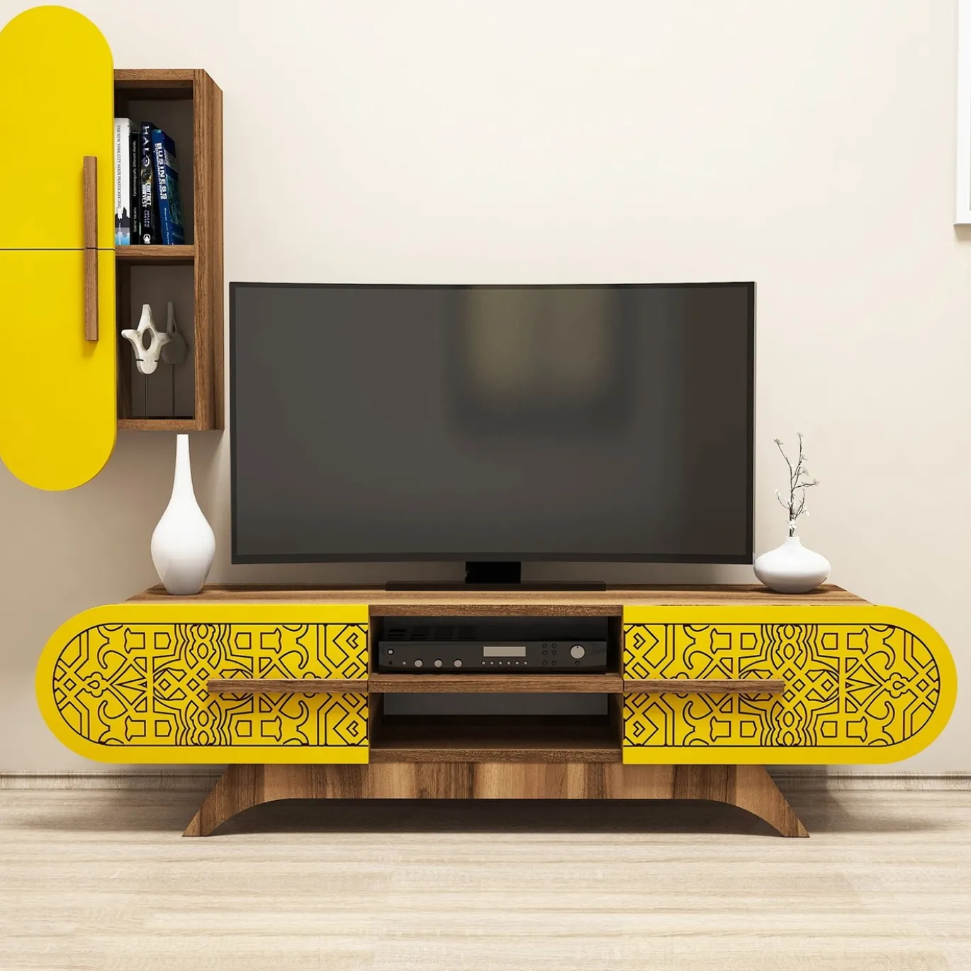 Tv-meubel Defne Walnoot/Geel met Wandschap