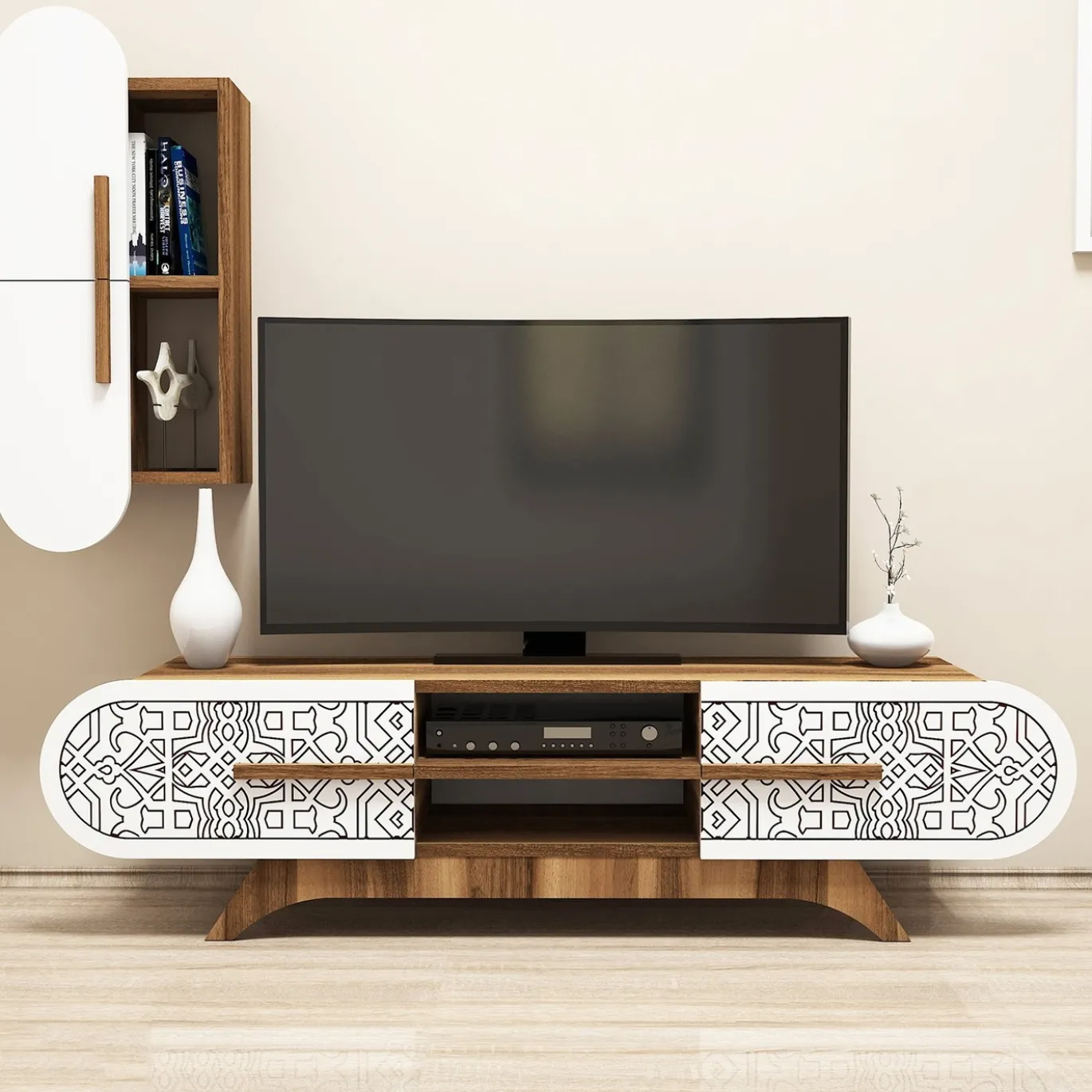 Tv-meubel Defne Walnoot/Wit met Wandschap